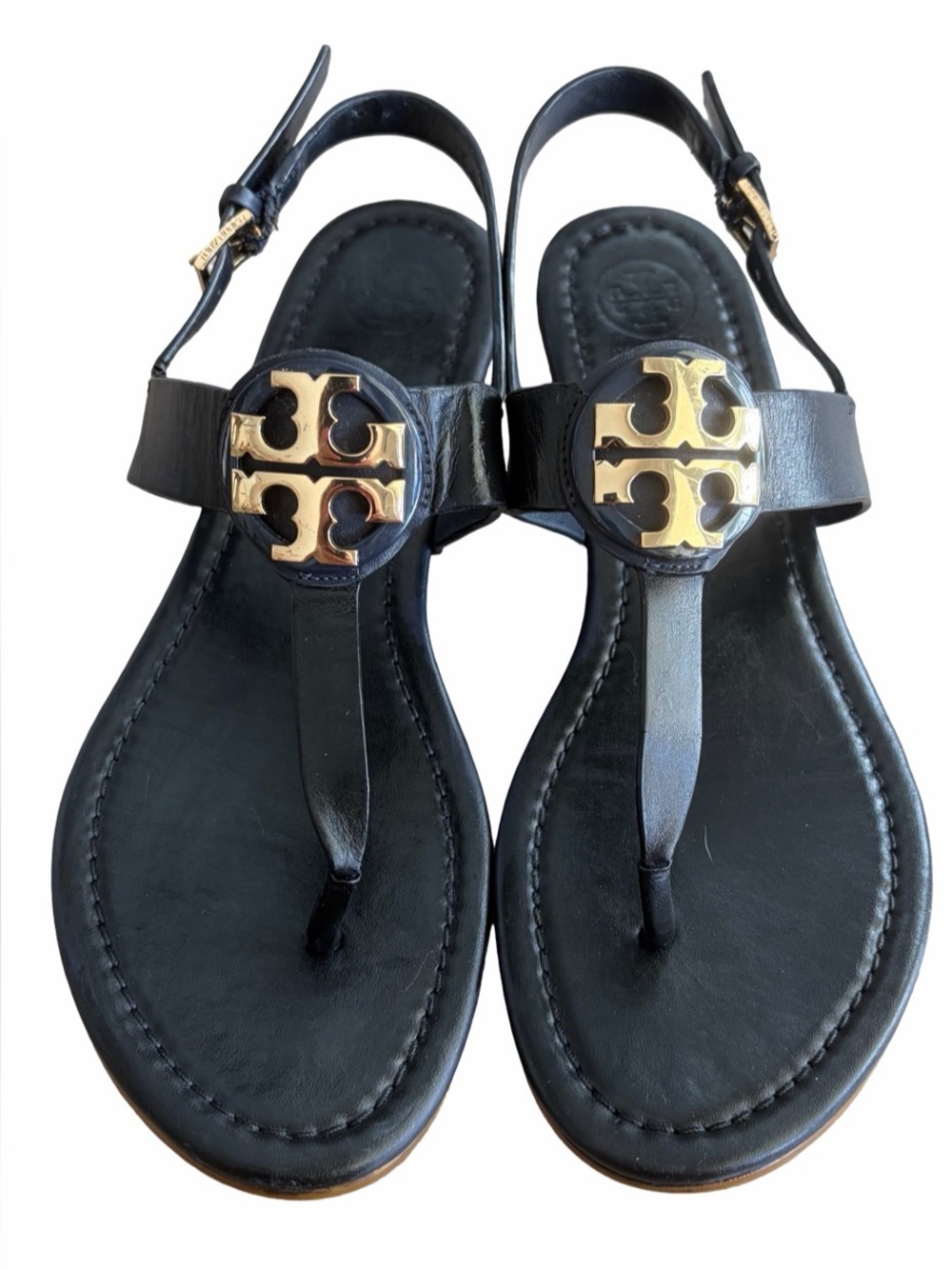 Tory Burch Black Leather Thong Sandals with Gold Logo Accent - Picture 14 of 14